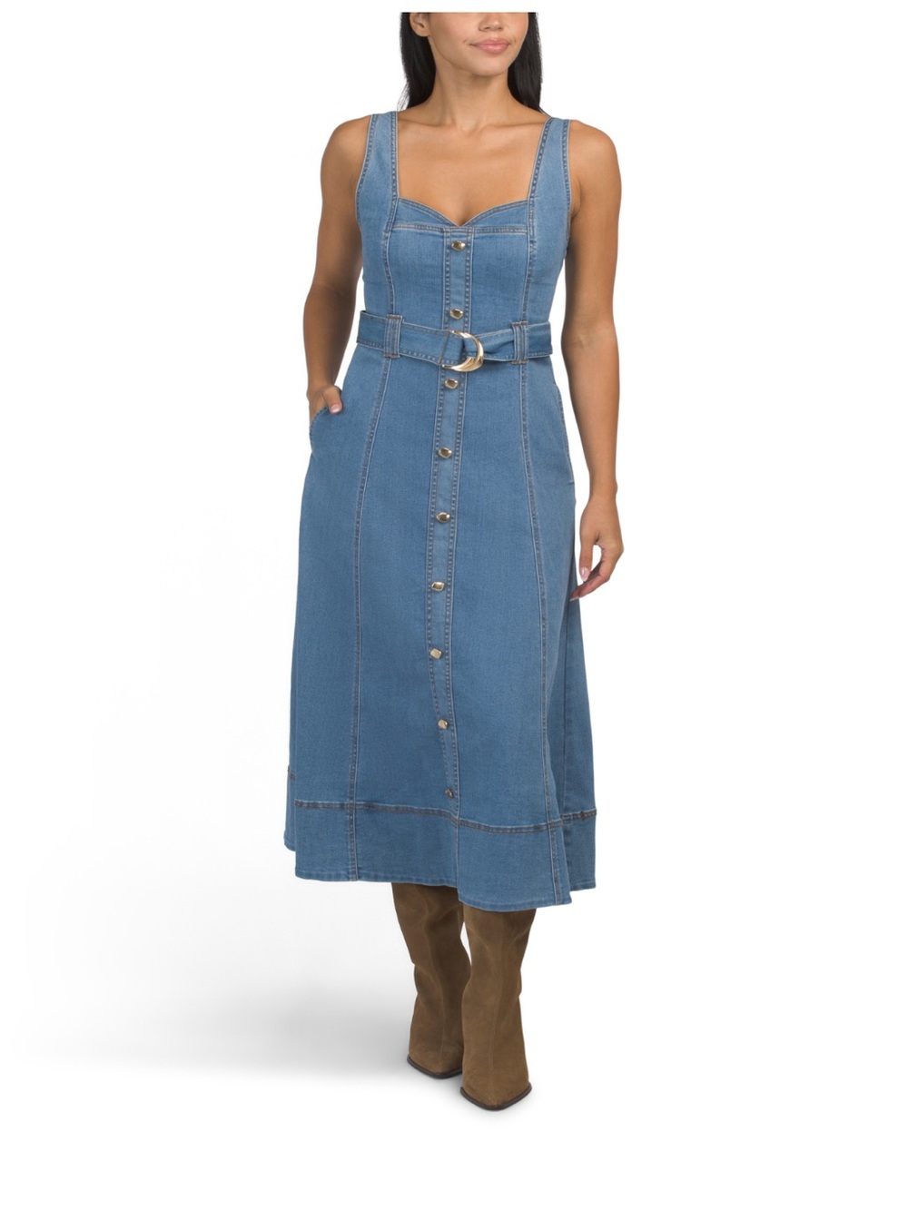 NWOT house of Harlow Denim Button-Front A-Line Dress with Belt - Blue